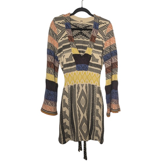 Free People Geometric Patchwork Bell Flare Sleeve Sweater Dress Multicolor Large - Picture 2 of 5